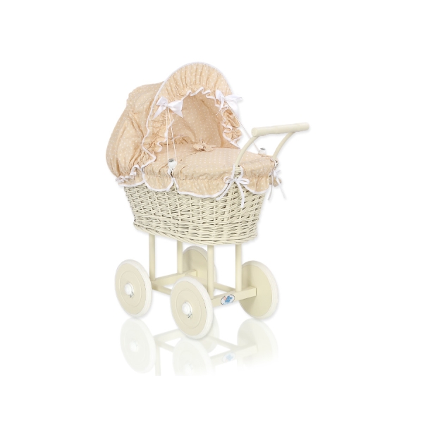 Poussette de Poupée en Osier avec Ensemble de Linge de Lit Crème Blanc Beige à Pois