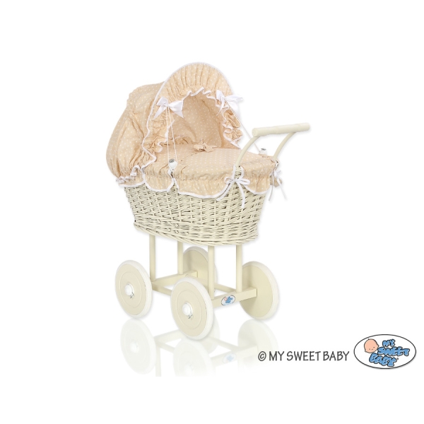 Poussette de Poupée en Osier avec Ensemble de Linge de Lit Crème Blanc Beige à Pois