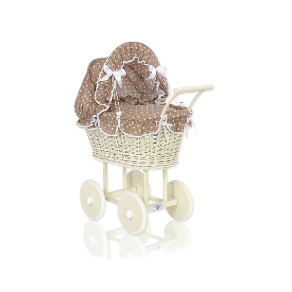 Poussette de Poupée en Osier avec Ensemble de Linge de Lit Crème Brun à Pois