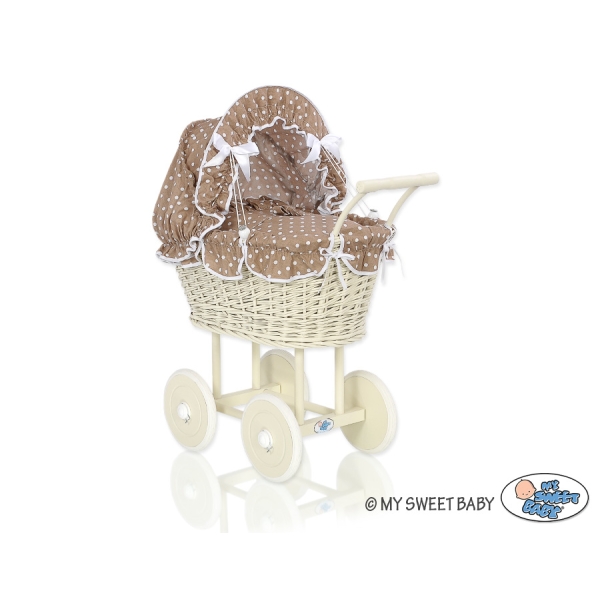 Poussette de Poupée en Osier avec Ensemble de Linge de Lit Crème Brun à Pois