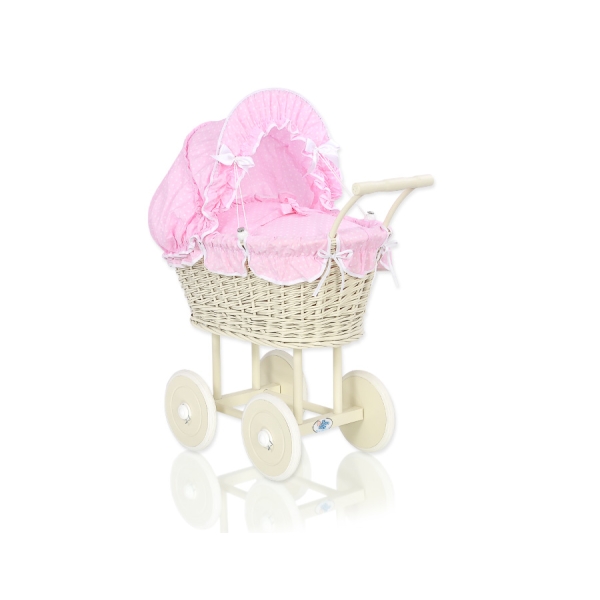 Poussette de Poupée en Osier avec Ensemble de Linge de Lit Crème Rose Blanc à Pois