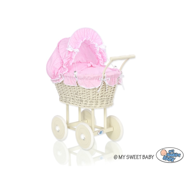 Poussette de Poupée en Osier avec Ensemble de Linge de Lit Crème Rose Blanc à Pois