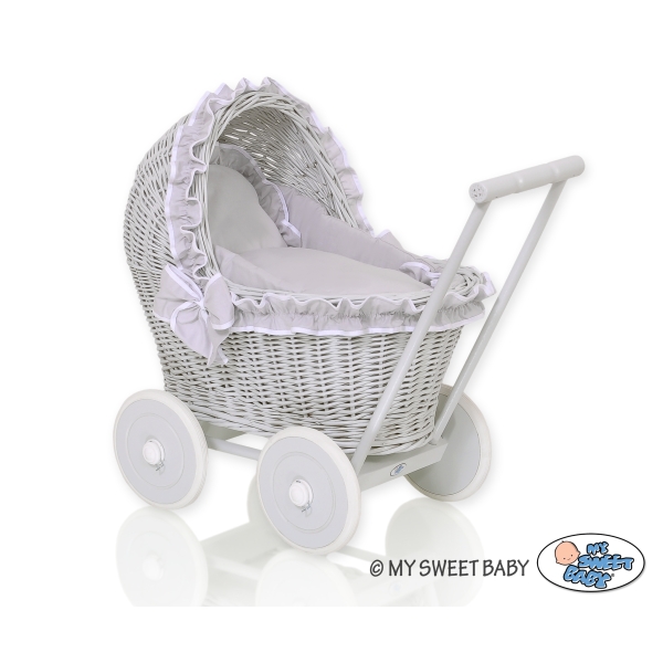Poussette de Poupée en Osier avec Ensemble de Linge de Lit Gris