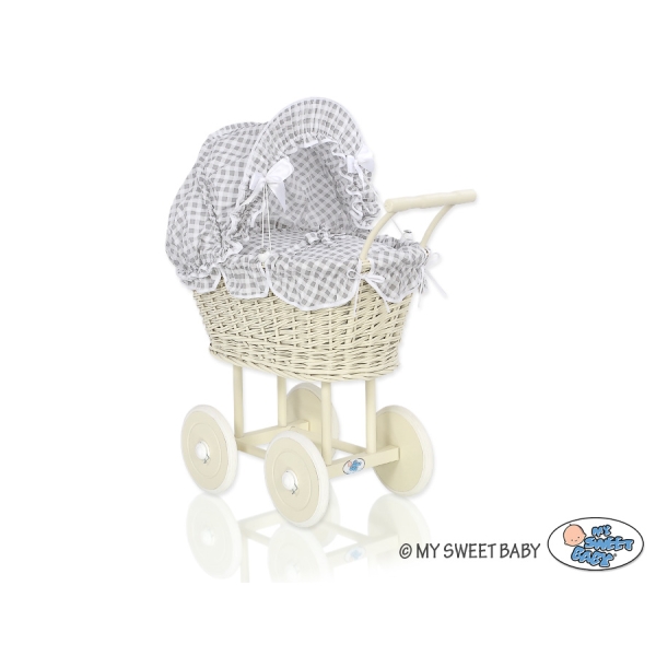 Poussette de Poupée en Osier avec Ensemble de Linge de Lit Gris à Carreaux