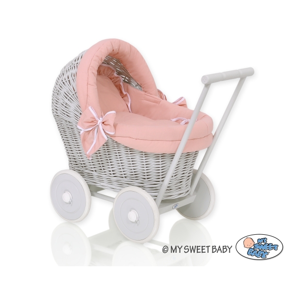Poussette de Poupée en Osier avec Ensemble de Linge de Lit Gris Rose Poussiéreux