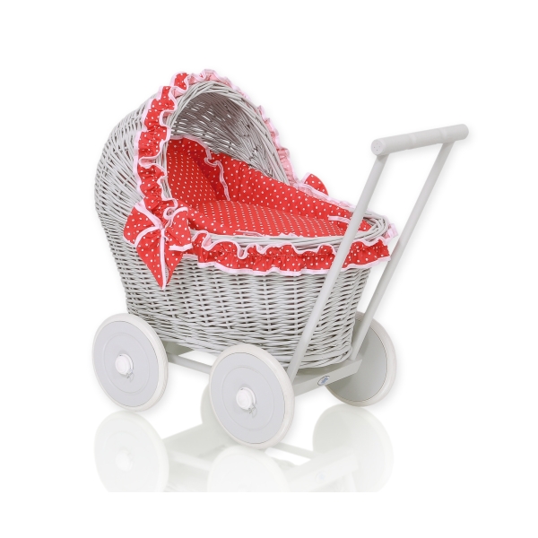 Poussette de Poupée en Osier avec Ensemble de Linge de Lit Gris Rouge à Pois