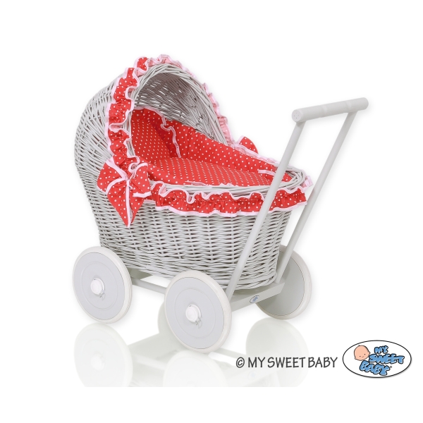 Poussette de Poupée en Osier avec Ensemble de Linge de Lit Gris Rouge à Pois