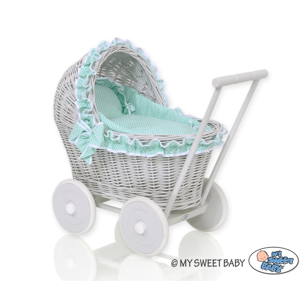 Poussette de Poupée en Osier avec Ensemble de Linge de Lit Menthe Gris à Pois