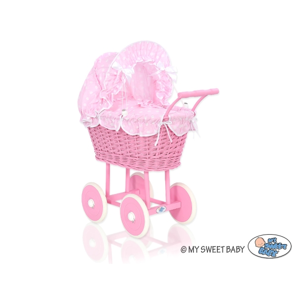Poussette de Poupée en Osier avec Ensemble de Linge de Lit Rose à Pois