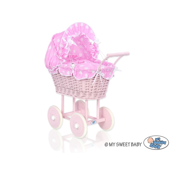 Poussette de Poupée en Osier avec Ensemble de Linge de Lit Rose à Pois Rose Poussiéreux