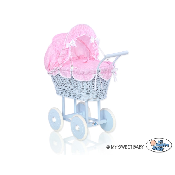 Poussette de Poupée en Osier avec Ensemble de Linge de Lit Rose Bleu à Carreaux