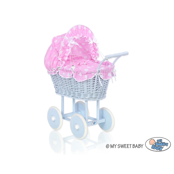 Poussette de Poupée en Osier avec Ensemble de Linge de Lit Rose Bleu à Pois
