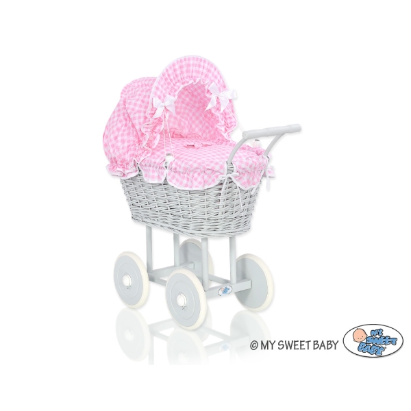 Poussette de Poupée en Osier avec Ensemble de Linge de Lit Rose Gris à Carreaux