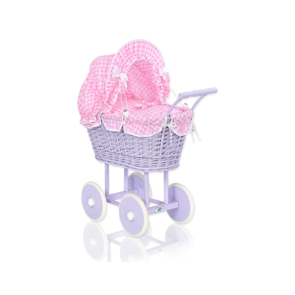Poussette de Poupée en Osier avec Textile Rose Lila à Carreaux