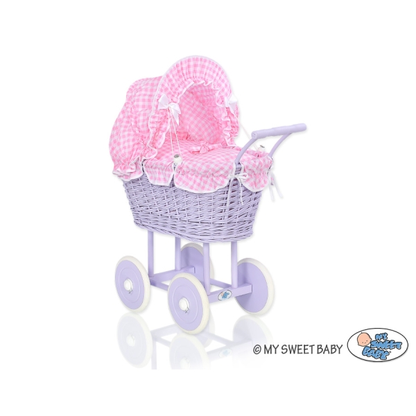Poussette de Poupée en Osier avec Textile Rose Lila à Carreaux
