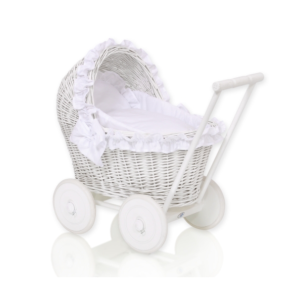 Poussette de Poupée en Osier Blanc avec Linge de Lit à Carreaux Blanc