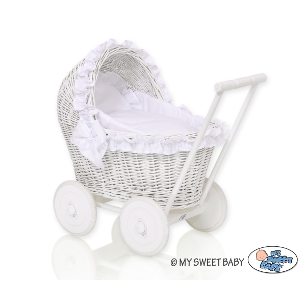 Poussette de Poupée en Osier Blanc avec Linge de Lit à Carreaux Blanc