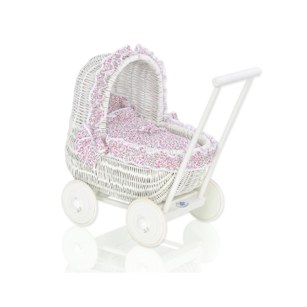 Poussette de Poupée en Osier Blanc avec Linge de Lit à Carreaux Blanc