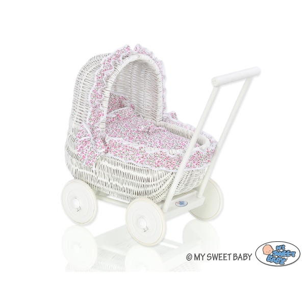 Poussette de Poupée en Osier Blanc avec Linge de Lit à Carreaux Blanc