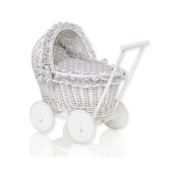 Poussette de Poupée en Osier Blanc avec Linge de Lit à Carreaux Blanc Gris à Pois