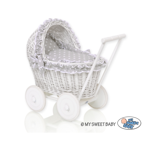 Poussette de Poupée en Osier Blanc avec Linge de Lit à Carreaux Blanc Gris à Pois