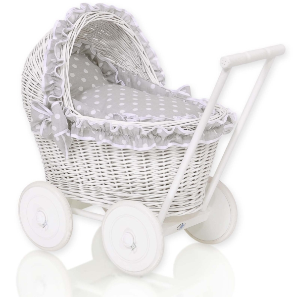 Poussette de Poupée en Osier Blanc avec Linge de Lit à Carreaux Blanc Gris à Pois