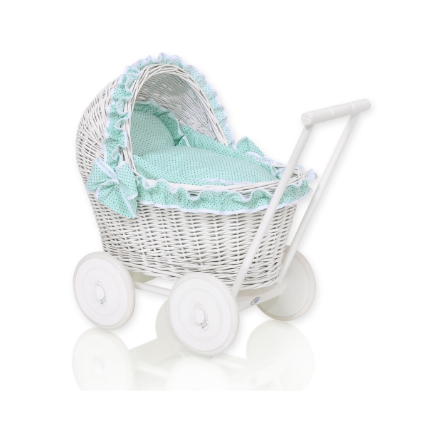 Poussette de Poupée en Osier Blanc avec Linge de Lit à Carreaux Menthe à Pois