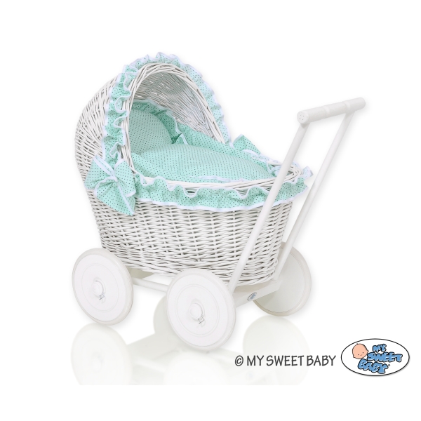 Poussette de Poupée en Osier Blanc avec Linge de Lit à Carreaux Menthe à Pois