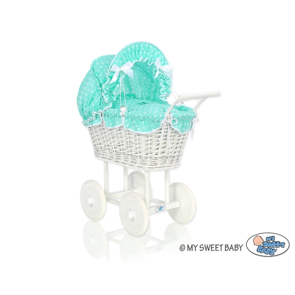 Poussette de Poupée en Osier Blanc avec Linge de Lit à Carreaux Menthe à Pois