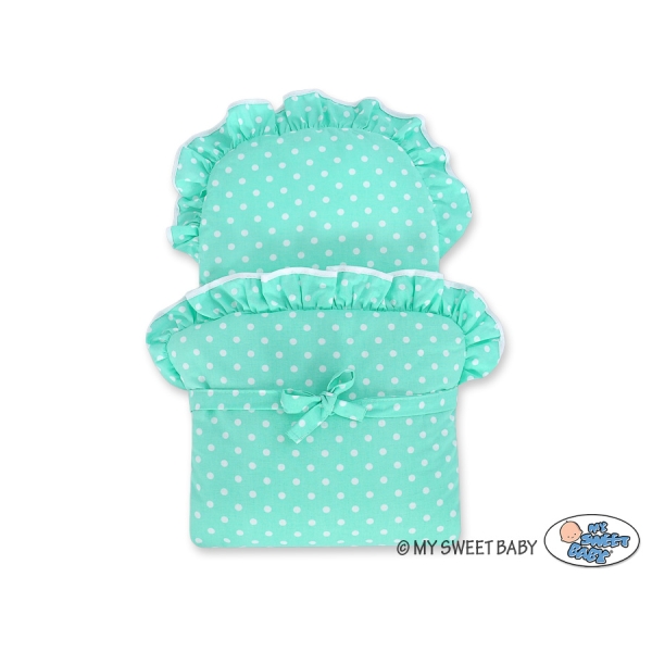 Poussette de Poupée en Osier Blanc avec Linge de Lit à Carreaux Menthe à Pois