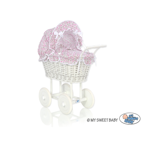 Poussette de Poupée en Osier Blanc avec Linge de Lit à Carreaux Rose Fleurs