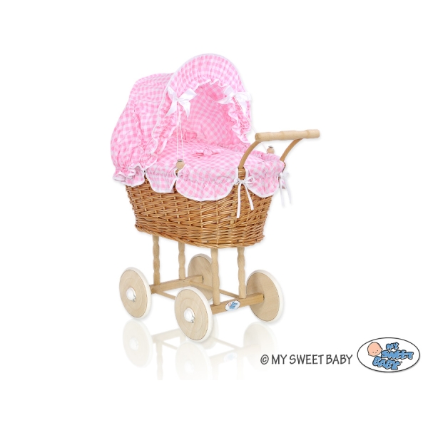 Poussettes de Poupée en Osier Naturel Rose à Carreaux