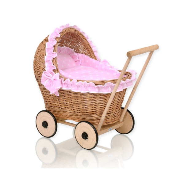 Poussettes de Poupée en Rotin Naturel Rose à Pois