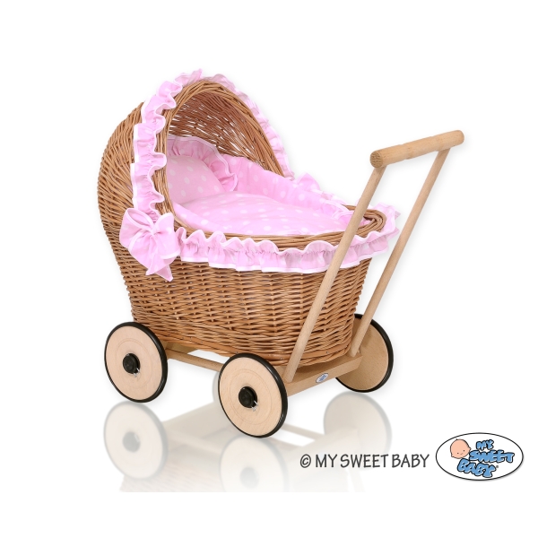 Poussettes de Poupée en Rotin Naturel Rose à Pois