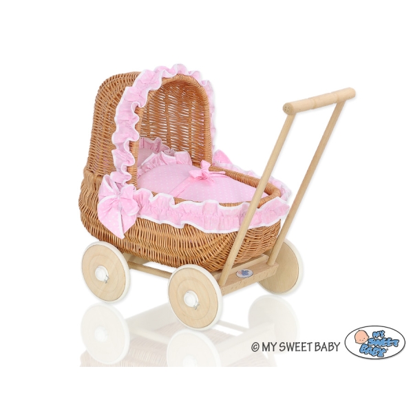 Poussettes de Poupée en Rotin Naturel Rose Blanc à Pois