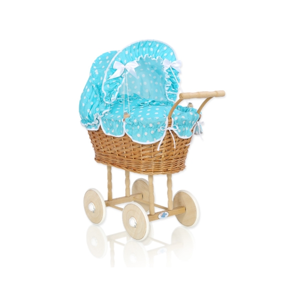 Poussettes de Poupée en Rotin Naturel Turquoise à Pois