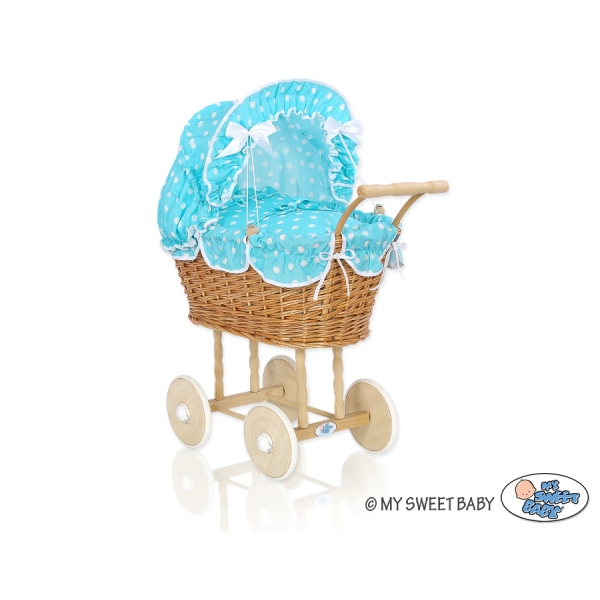 Poussettes de Poupée en Rotin Naturel Turquoise à Pois