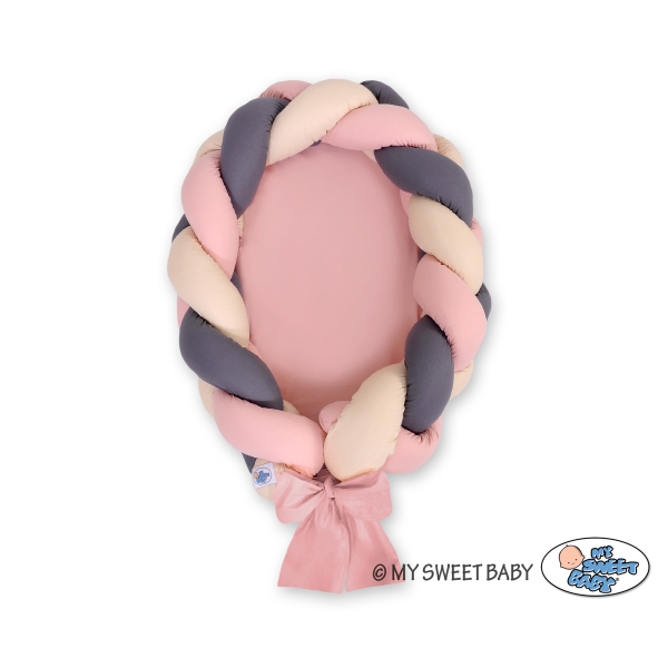Réducteur de Lit Bébé tressé + Tour de Lit 2 en 1 Beige Anthracite Rose Poussiéreux