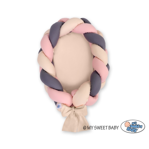 Réducteur de Lit Bébé tressé + Tour de Lit 2 en 1 Beige Anthracite Rose Poussiéreux