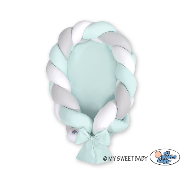 Réducteur de Lit Bébé Tressé  Menthe Blanc Gris