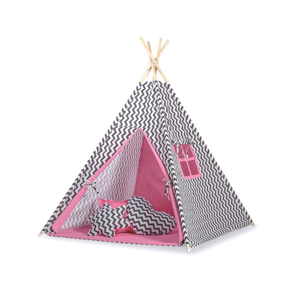 Set: Tipi pour Enfant avec Tapis de Jeu et Plumes Décoratives Rose Noir Chevron