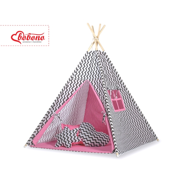 Set: Tipi pour Enfant avec Tapis de Jeu et Plumes Décoratives Rose Noir Chevron