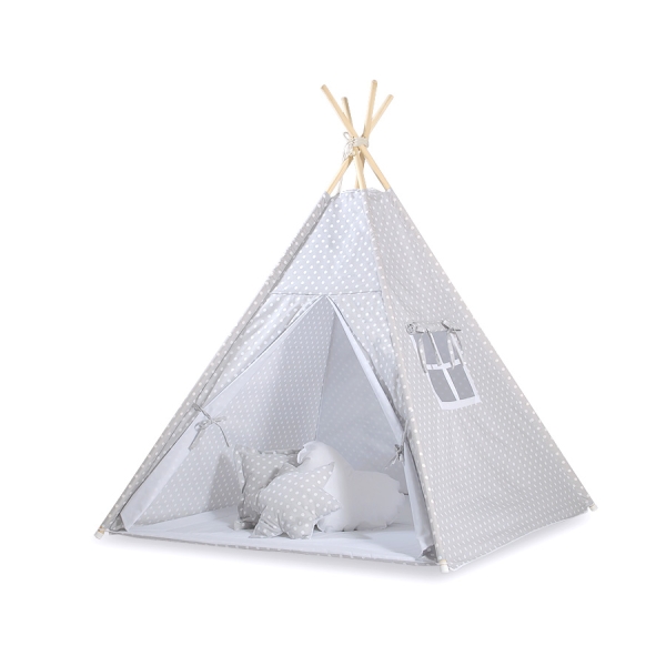Set Tipi pour Enfant avec Tapis de Sol et Plumes Décoratives Gris à Pois
