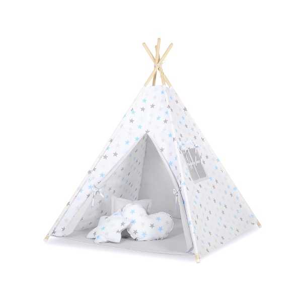 Set Tipi pour Enfant avec Tapis de Sol et Plumes Décoratives Gris Bleu étoiles