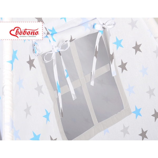 Set Tipi pour Enfant avec Tapis de Sol et Plumes Décoratives Gris Bleu étoiles