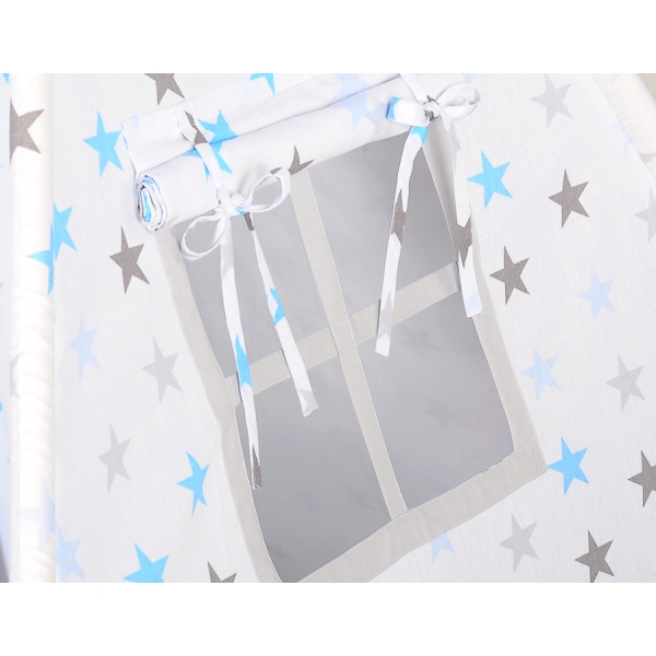 Set Tipi pour Enfant avec Tapis de Sol et Plumes Décoratives Gris Bleu étoiles