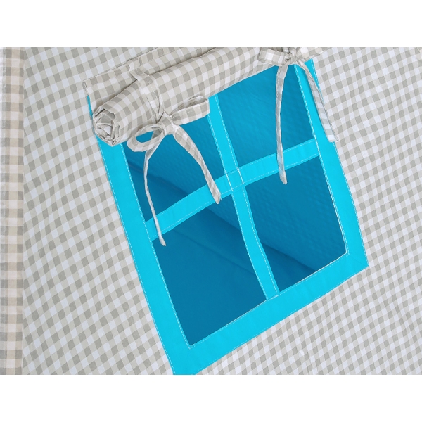 Set Tipi pour Enfant avec Tapis de Sol et Plumes Décoratives Gris Turquoise à Carreaux