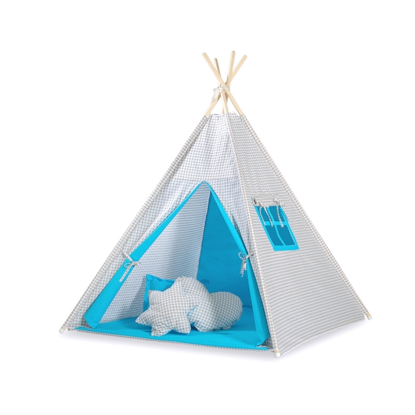 Set Tipi pour Enfant avec Tapis de Sol et Plumes Décoratives Gris Turquoise à Carreaux