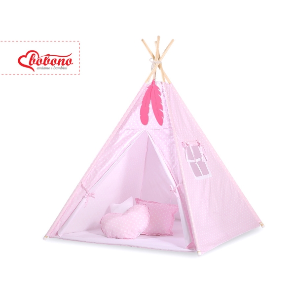 Set Tipi pour Enfant avec Tapis de Sol et Plumes Décoratives Rose à Pois