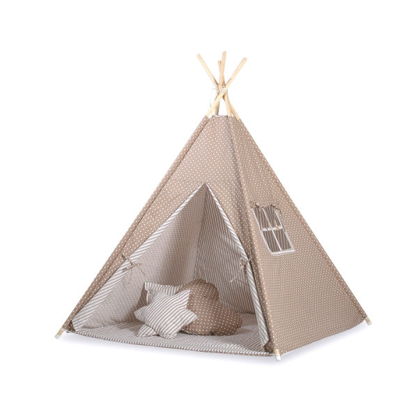 Tente de Tipi + Plumes Décoratives Brun Beige à Pois Rayures